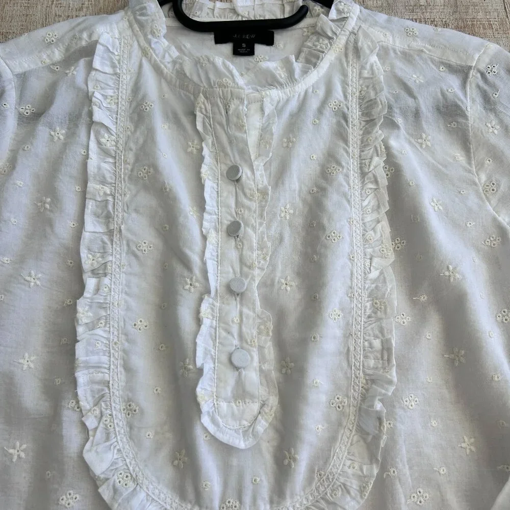 J.Crew Floral Eyelet Ruffled White Bib Front Long Sleeve Top Size Small.